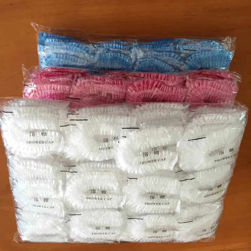 Multi Color Option 100Pcs Individually Wrapped 42CM Thicker Plastic Shower Caps Waterproof Shower Hair Caps for Women Spa