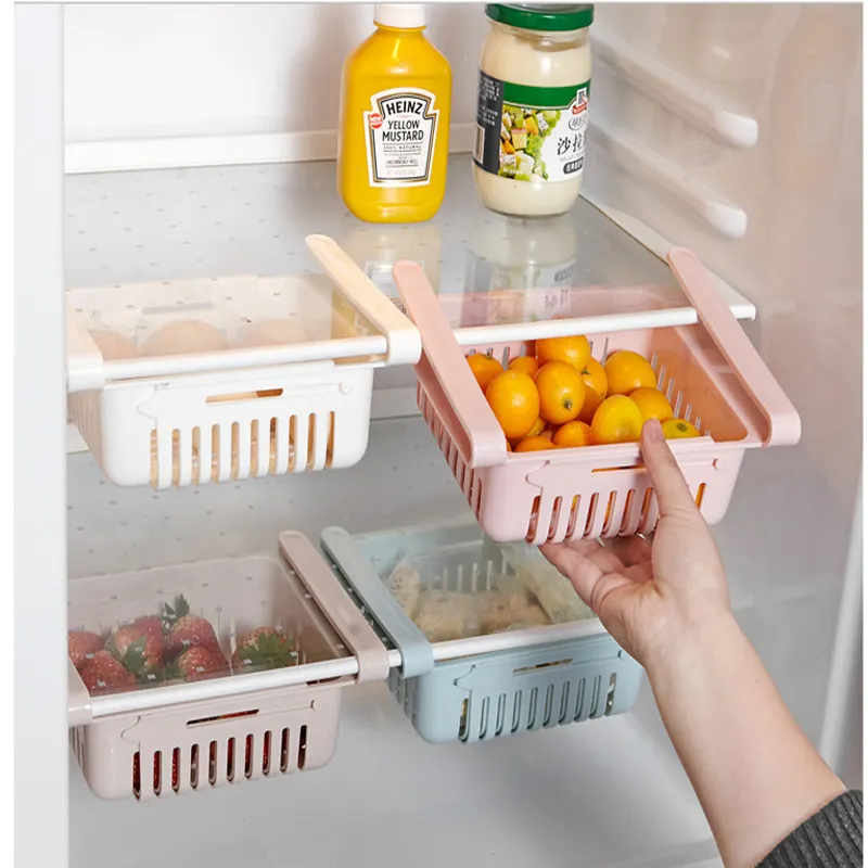 ลิ้นชักตู้เย็นสำหรับชั้นวางของ,อุปกรณ์จัดระเบียบในห้องครัวแบบปรับได้พร้อมกล่องชั้นเก็บของแบบดึงออก