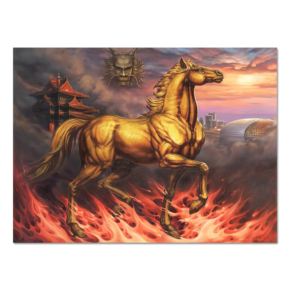 Cartazes personalizadas de parede, arte de decoração, cavalo de guerra dourada, retrato, animal hd, impressões em tela