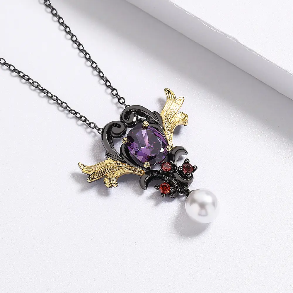 KYNL0624-collar de circonia púrpura, joyería exquisita, estilo Retro, único, gótico, chapado en negro, forma de ala, amor