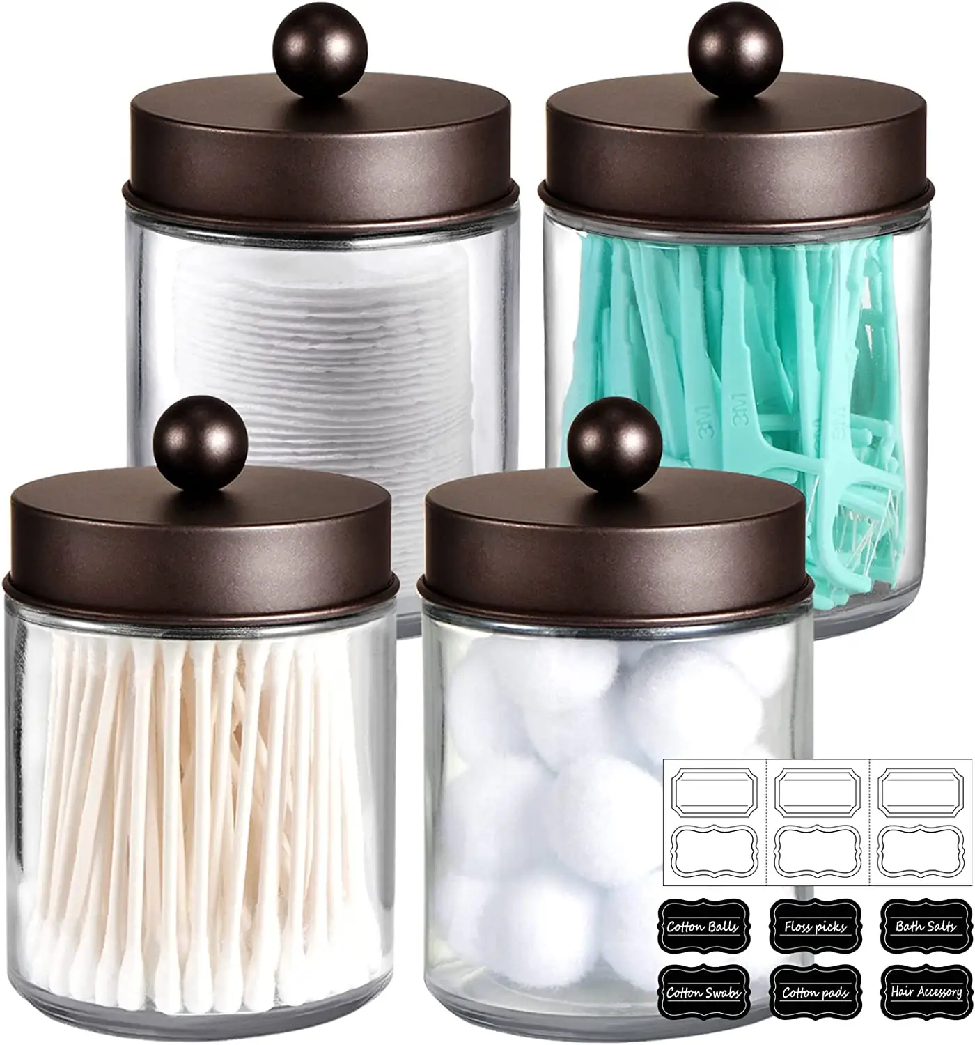 Vanity Do Banheiro Cotton Ball Organizador De Armazenamento Jar Glass Qtip Holder Dispenser com Tampas De Aço Inoxidável