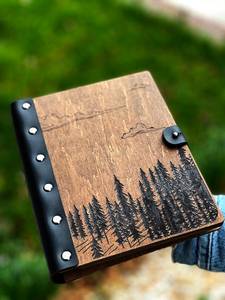 Simple A5 A6 Wooden <strong>Notebooks</strong> Forest <strong>Pattern</strong> Diary Customizable <strong>Embossed</strong> and Hollowed-out <strong>Pattern</strong> Notepads with Leather Button - Product Image 2
