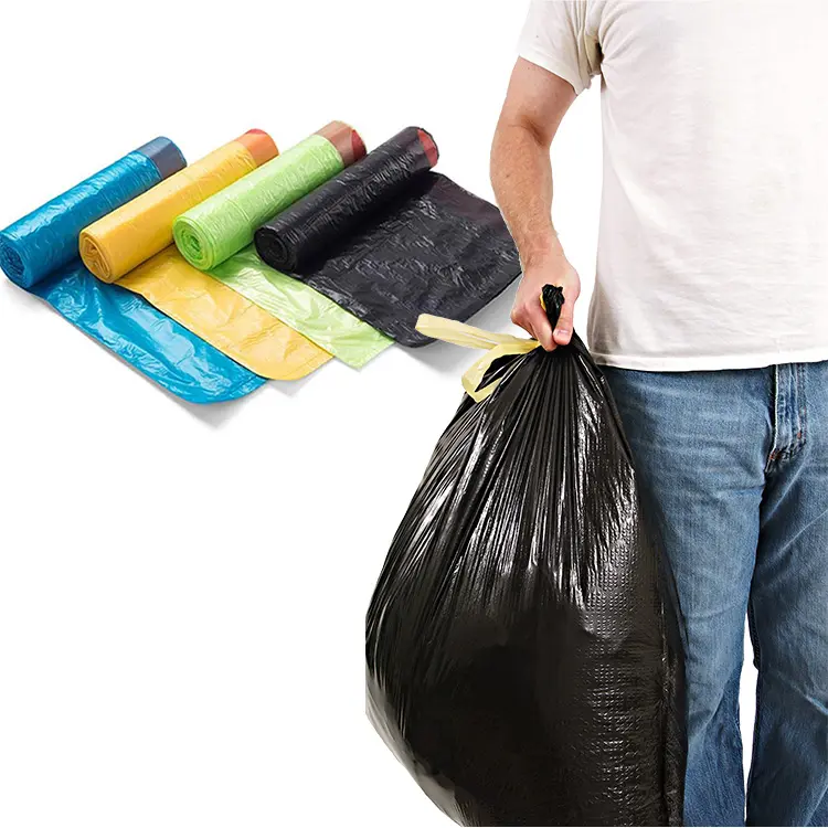 Bolsa de basura de plástico hdpe para cocina, rollo para basura, 13 galones, negra, con cordón, barata, venta al por mayor