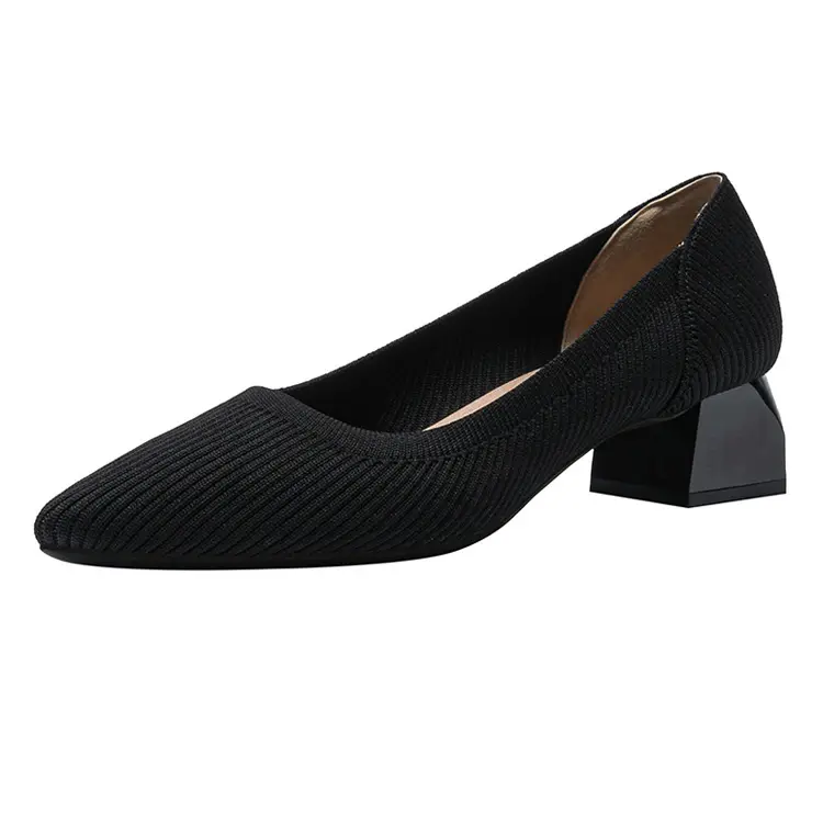 Zapatos de tacón para mujer Tacones de bloque Punta estrecha Negro Slip On Cómodos Zapatos de vestir Casuales