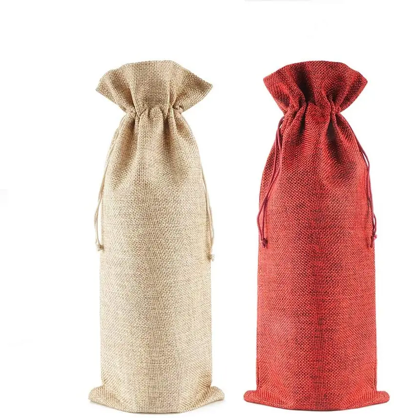 Bolsas de regalo de lino y arpillera, bolsas de yute satinado con cordón reutilizable para botellas de vino, con cuerdas