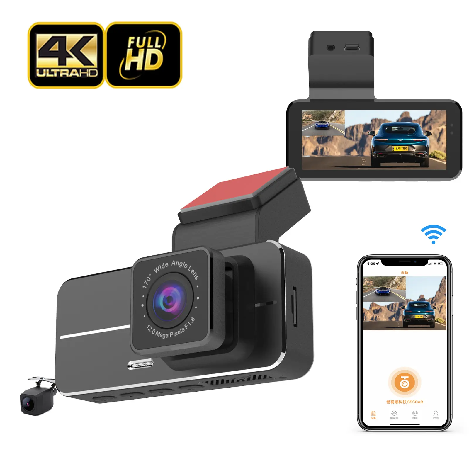 New 4k Dash Cam phía trước và phía sau ống kính kép 4K + 1080p bảng điều khiển máy ảnh Dash máy ảnh Wifi GPS 4k Dashcam doble Camara 4k Dash Cam