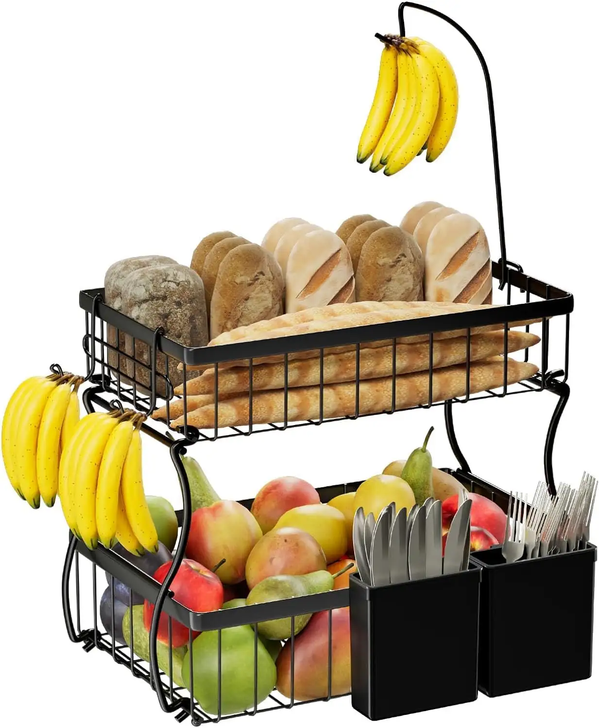 Cesta de frutas de 2 camadas com 3 cabides de banana, organizador de cozinha com caixa de armazenamento, cesta de frutas e vegetais de bancada