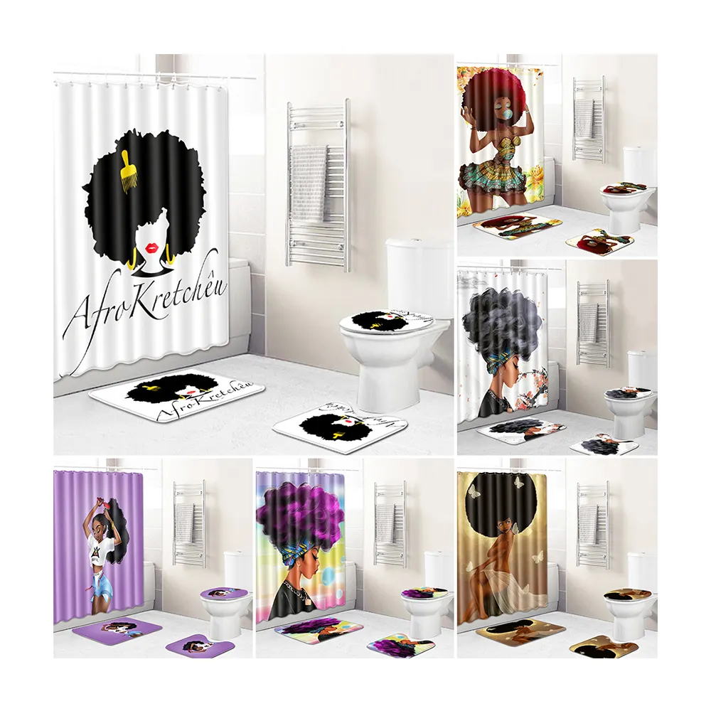 Özel tasarımcılar afrika siyah kız sihirli baskı 4 adet su geçirmez banyo halıları ve paspaslar setleri duş perdesi