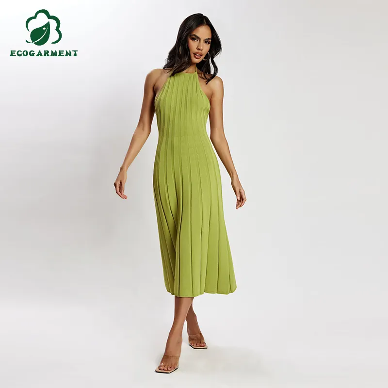 Vestido Midi de algodón orgánico con cuello Halter para mujer, vestido informal liso sin mangas con estampado personalizado y logo de bambú Pima