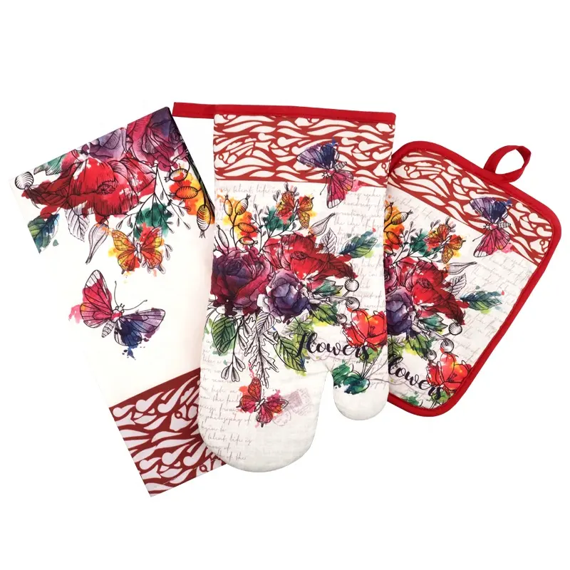 Gants de four en coton, ensemble de cuisine 3 pièces, porte-pot et serviette