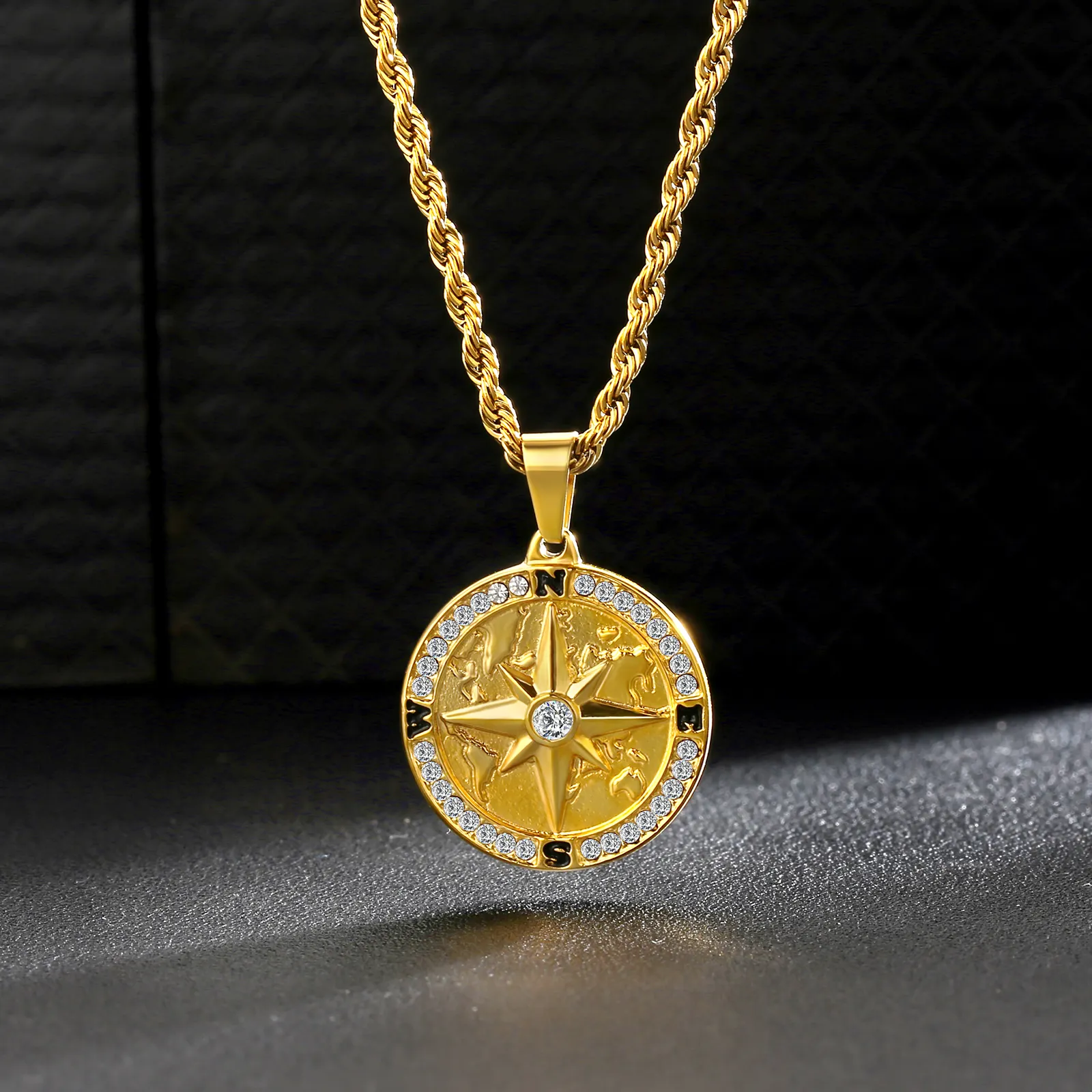 KRKC Stainless Steel 18k Gold Plated Metal Iced leo North Star Coin Compass Pendant Necklace Jewelry Women Mens Compass Necklace