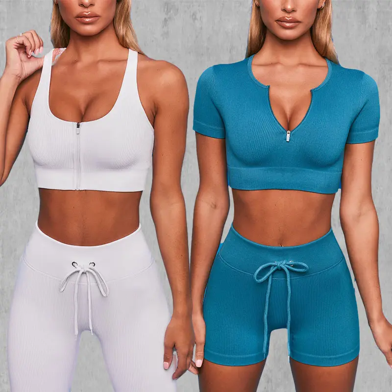 Conjunto esportivo feminino com zíper, conjunto de roupa de yoga sem costura com sutiã de cintura alta
