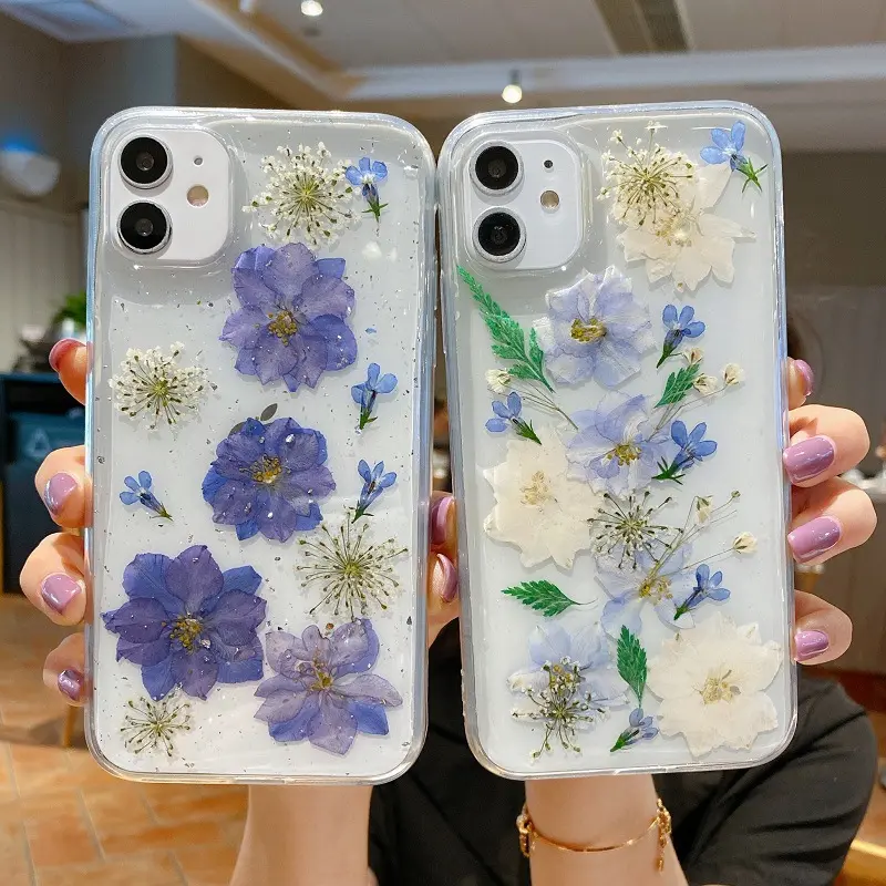 DIY Real Dried Flowers Luxury Glitter Transparent Phone Case for IPhone 15 11 12 13 14 Pro Max XS X XR 15plus Soft Epoxy Cover