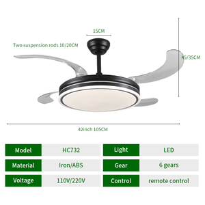 HC732家用智能遥控器42英寸黑色设计带风扇的隐形天花板发光二极管吊灯 - Product Image 6