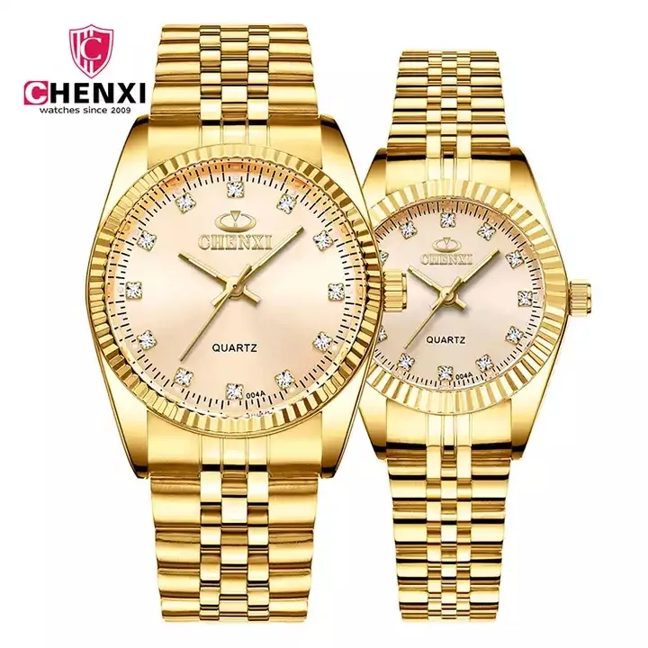 CHENXI 004A Men & Women Crystal Diamond Gold Wristwatches Stainless Steel Strap Analog Display Watch
