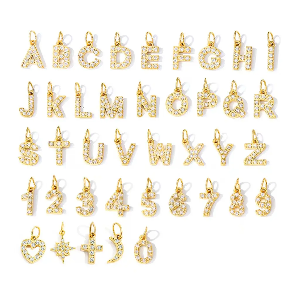 Venta al por mayor de acero inoxidable diamante circón Rhinestone letra colgante inicial alfabeto encanto 18K placa de oro CZ cristal DIY collar
