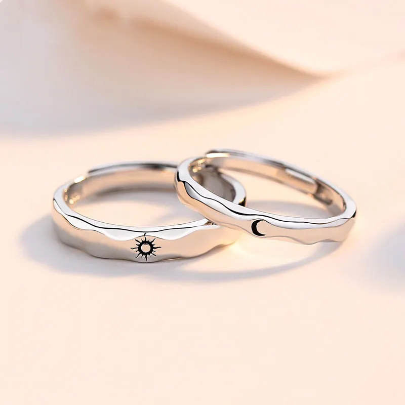 Par de anéis ajustáveis de casal, 1 par de anéis de sol, lua, promessa, casamento, prata 925, anéis para dia dos namorados