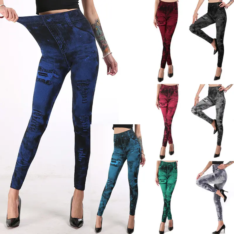 S-XXXL Leggings Skinny a vita alta con stampa jeans in Denim elasticizzato per donna