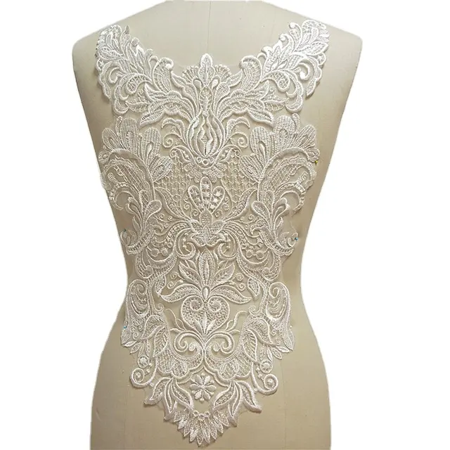 Apliques de encaje bordados para vestido de novia, bordado Floral blanco, flor con bordado pesado