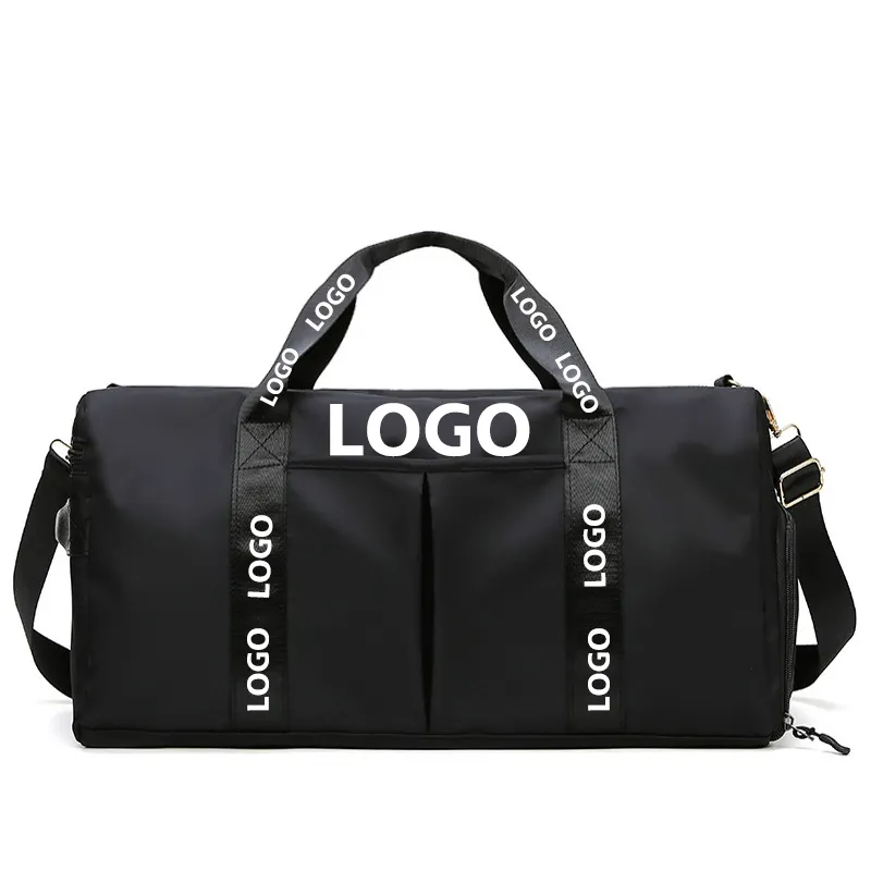 Özelleştirilmiş spor tarzı spor seyahat çantası kadınlar ve erkekler için büyük siyah su geçirmez spor spor çantası