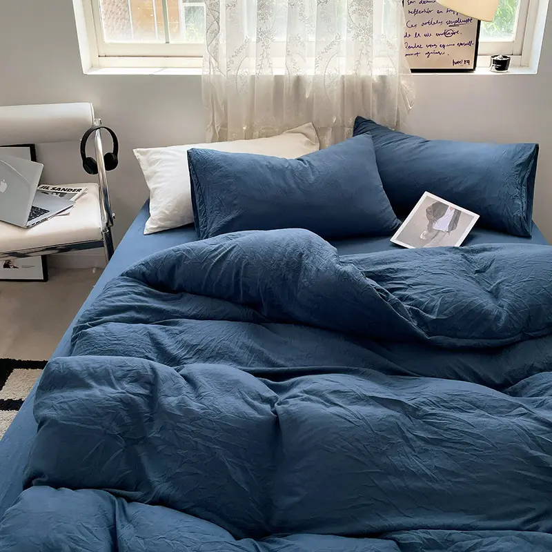 Set di letti di cotone lavato all'ingrosso Set di biancheria da letto 4 pezzi prezzo economico Hotel lenzuolo di colore solido lenzuolo