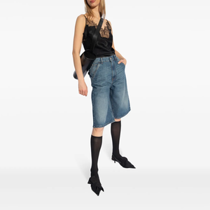 2025女式浅蓝色牛仔<span class=keywords><strong>Capris</strong></span>高腰直宽腿中号加大码短裤透气弹力瘦身夏季