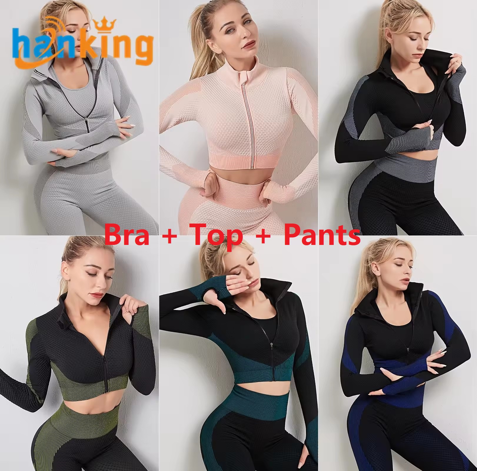 Gray/Pink/Black/Green/Dark Green/Navy (bra + top + pants)