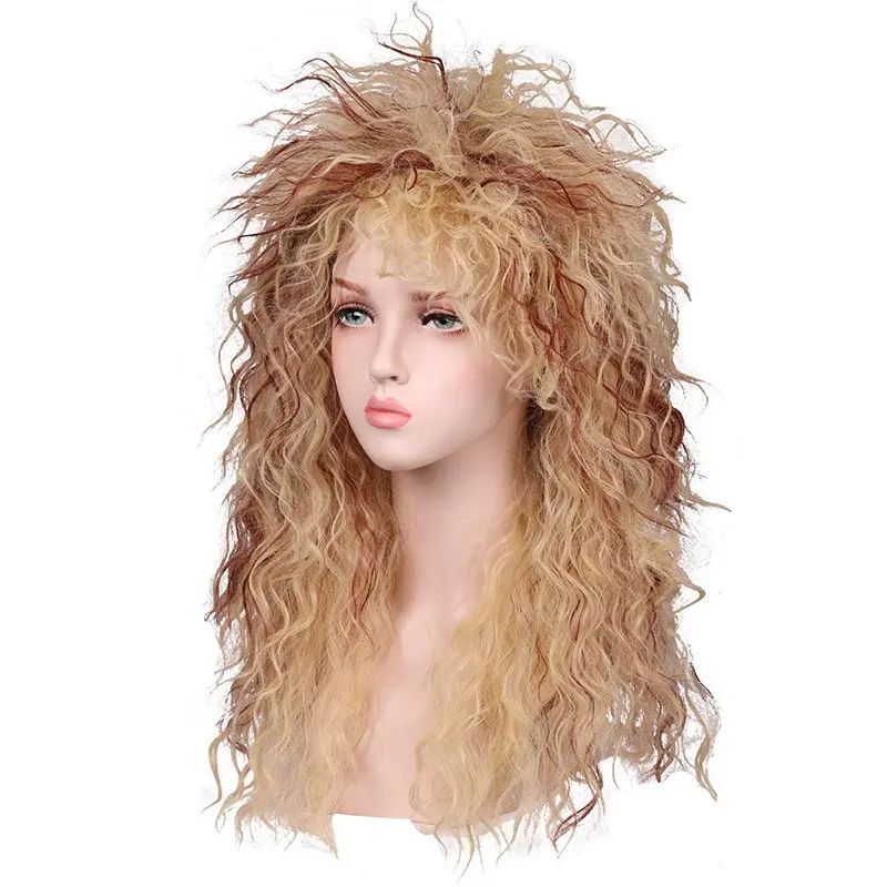 80s Rocker Mullet Wig Long Blonde Curly Glam Rock Wig Punk Heavy Metal Hair Wig for Halloween Cosplay DIY Themed Costume Party