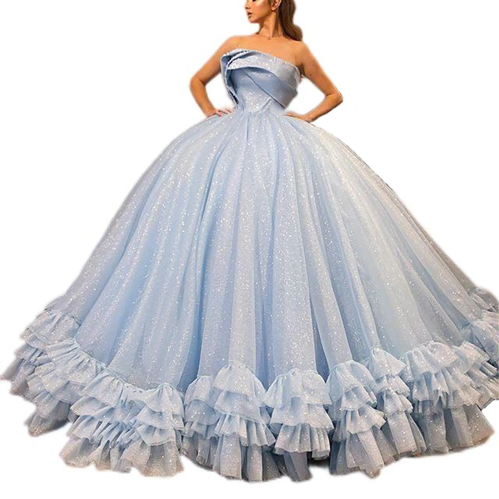 Asymmetrical Neck Sparkly Layered Blue Strapless Ball Gown Quinceanera Dresses Evening Dress Masquerade Ball Gown