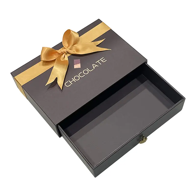 Embalaje de lujo con logotipo de color personalizado con inserciones de cinta de seda en forma de cajón vacío trufa chocolate caja de regalo