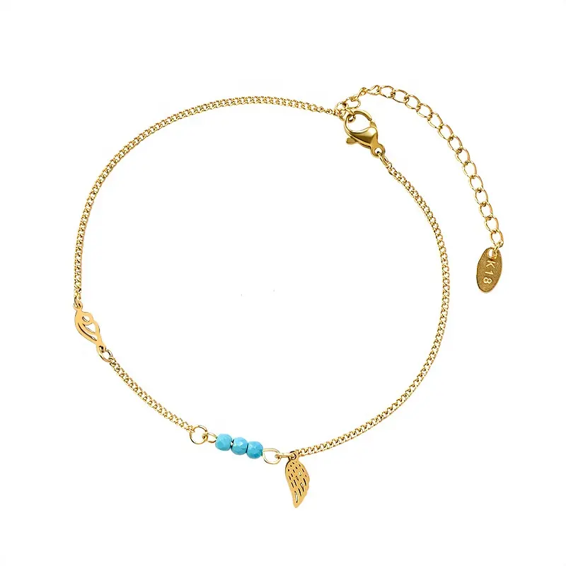 Delicado nuevo encanto de moda tobilleras de acero inoxidable cadena azul turquesa cuenta ala colgante tobillera pulseras de tobillo mujer pie joya