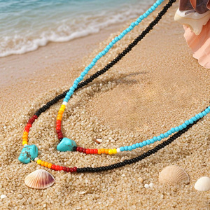 Go2boho สร้อยคอแบบประณีตสำหรับฤดูร้อนสร้อยคอลูกปัดสีเทอร์ควอยซ์สีดำเข้ากันได้อย่างลงตัว