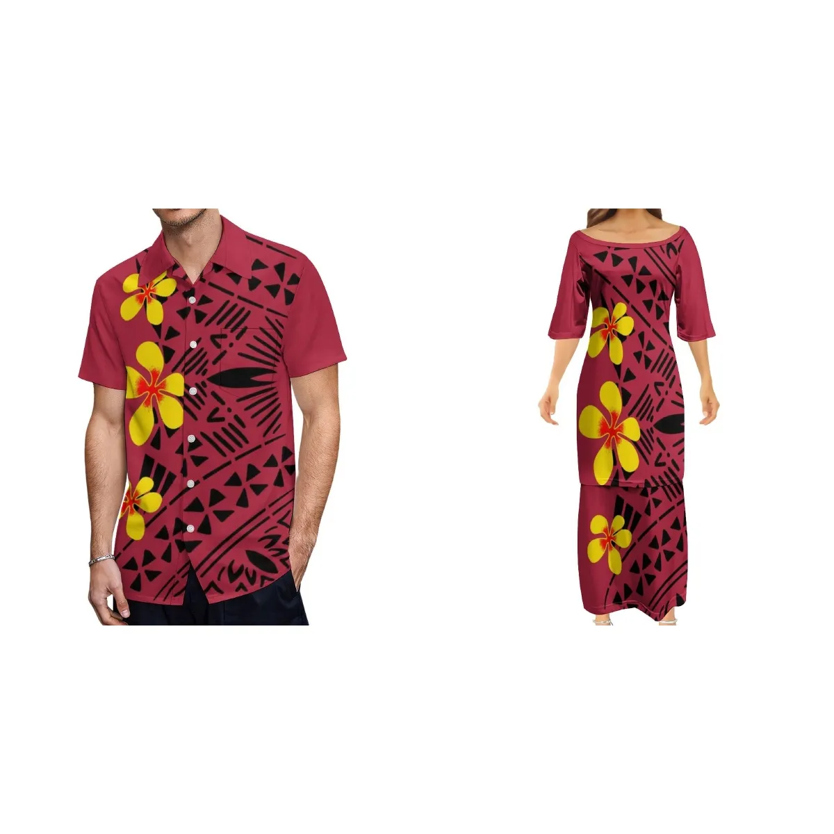 Розничная продажа с завода, красные высококлассные женские платья Puletasi и Мужская рубашка, полинезийский этнический стиль, костюм для пар с принтом Plumeria HD