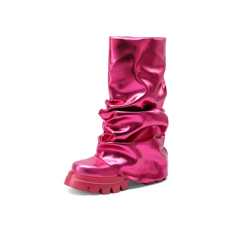 Modische metallische Patent-Leder-Rundzehe-Plattform-Stiefel plissierte Damen-Four-Season-Stiefel