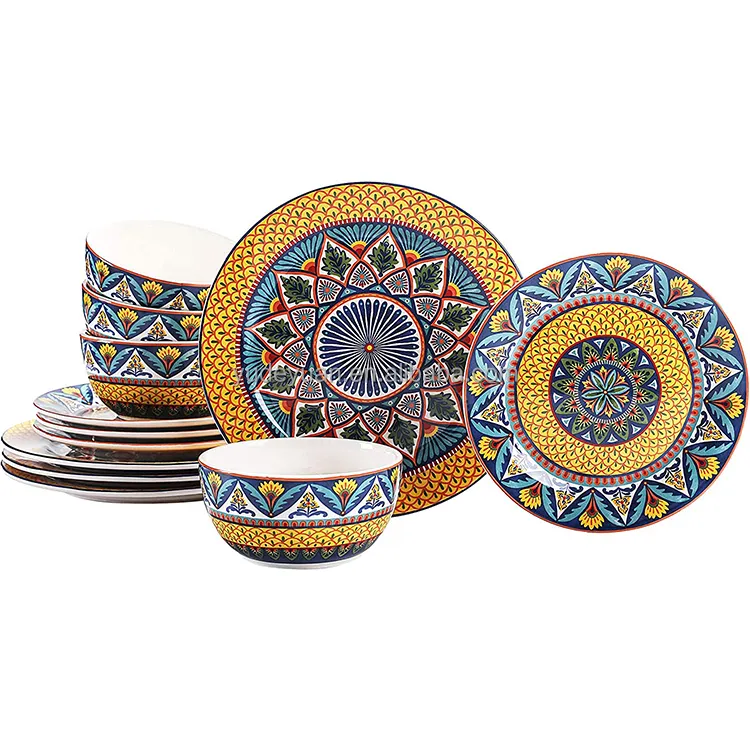 Tigelas estilo boêmio Porcelana Cerâmica mexicana Underglaze Cerâmica colorida Restaurante Servindo Pratos Jantar Conjuntos Louça