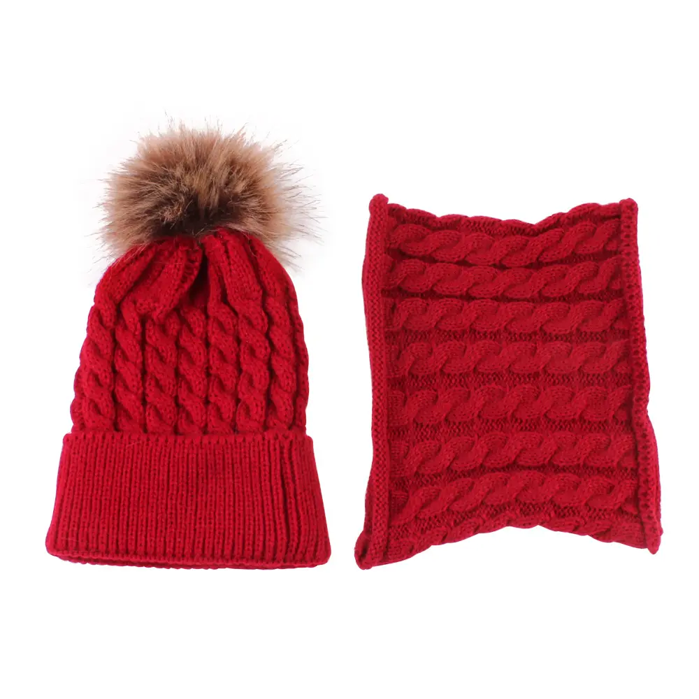 Оптовая продажа, Высококачественная зимняя теплая детская вязаная однотонная шапка с меховым помпоном
