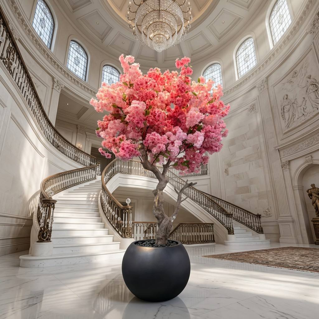 Pink flowers with black pots