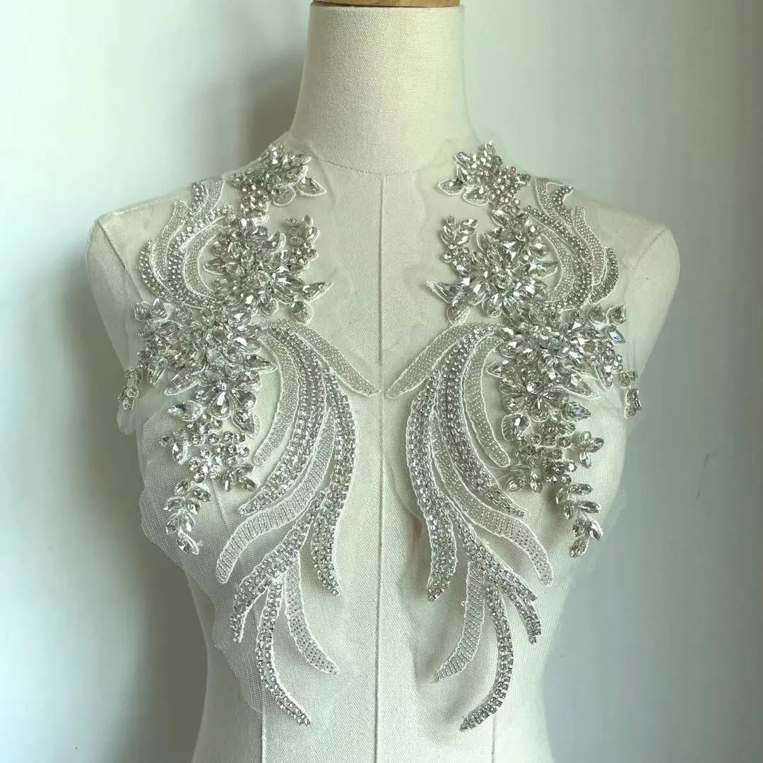 Parche de encaje de cuentas de costura para vestido de novia, apliques de cristal de diamante de imitación 3d, ostentoso, ostentoso