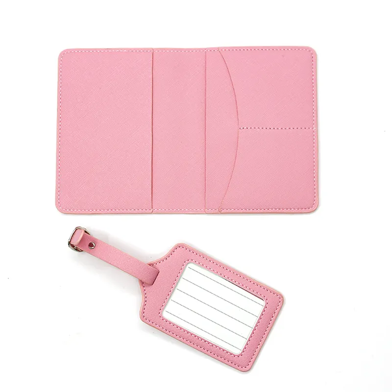 Funda de cuero sintético para pasaporte, cubierta de pasaporte y etiqueta de equipaje, personalizada, delgada, rosa, conjunto de regalo de viaje