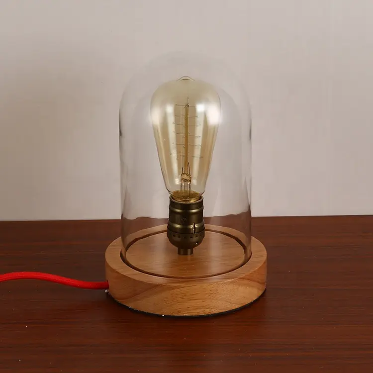 Lámpara de mesa Edison con cúpula de cristal, lámpara de mesa con base de madera, campana, tarro, lámpara de escritorio