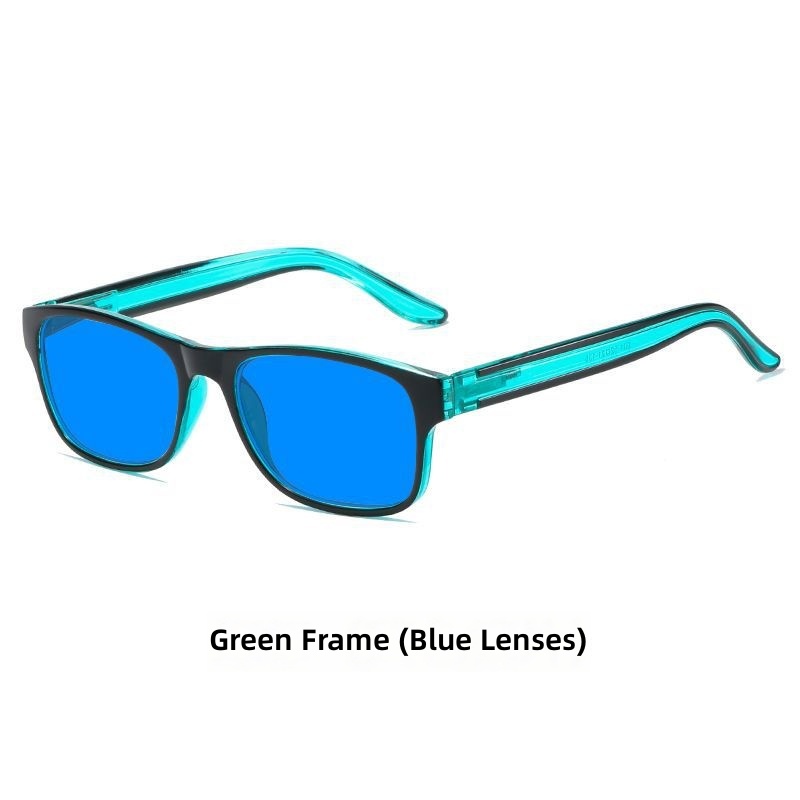 Green frame-blue lens