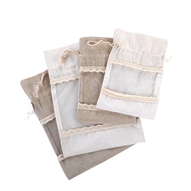 Imprimé personnalisé recyclable pratique petit jute lin mousseline bijoux chaîne pochette jute cadeau sac avec fenêtre en pvc