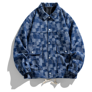 定制男士牛仔夹克翻领纽扣方格图案男士牛仔夹克 - Product Image 4