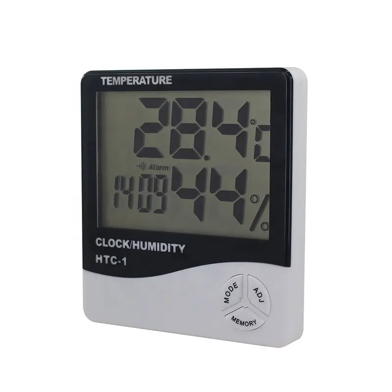 Buen Precio termómetro Digital de pantalla LCD higrómetro HTC-1 Thermo medidor con el reloj para casa