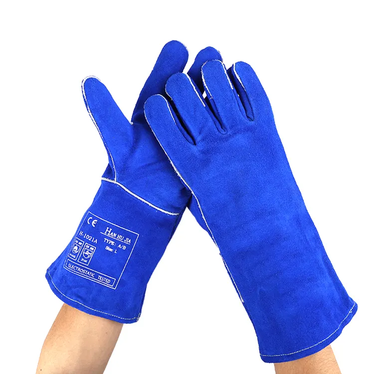 グレードAB 14インチロイヤルブルー綿ネル裏地牛床革冬の安全溶接手袋