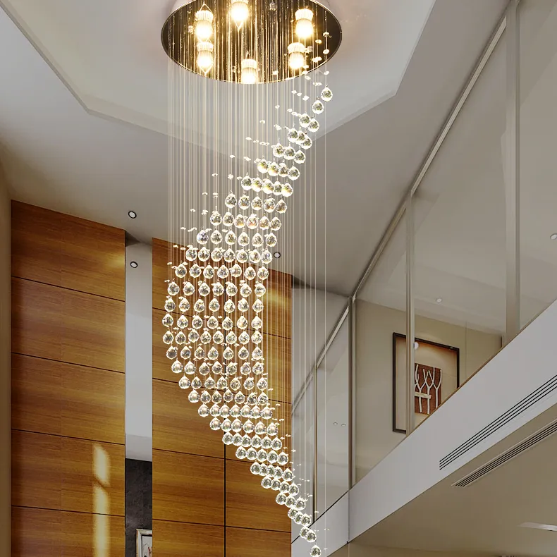 Vendita calda di lampadario a catena di cristallo a spirale a goccia di pioggia con lampadario a sfera a Led di grande illuminazione su misura moderna per la scala domestica degli hotel