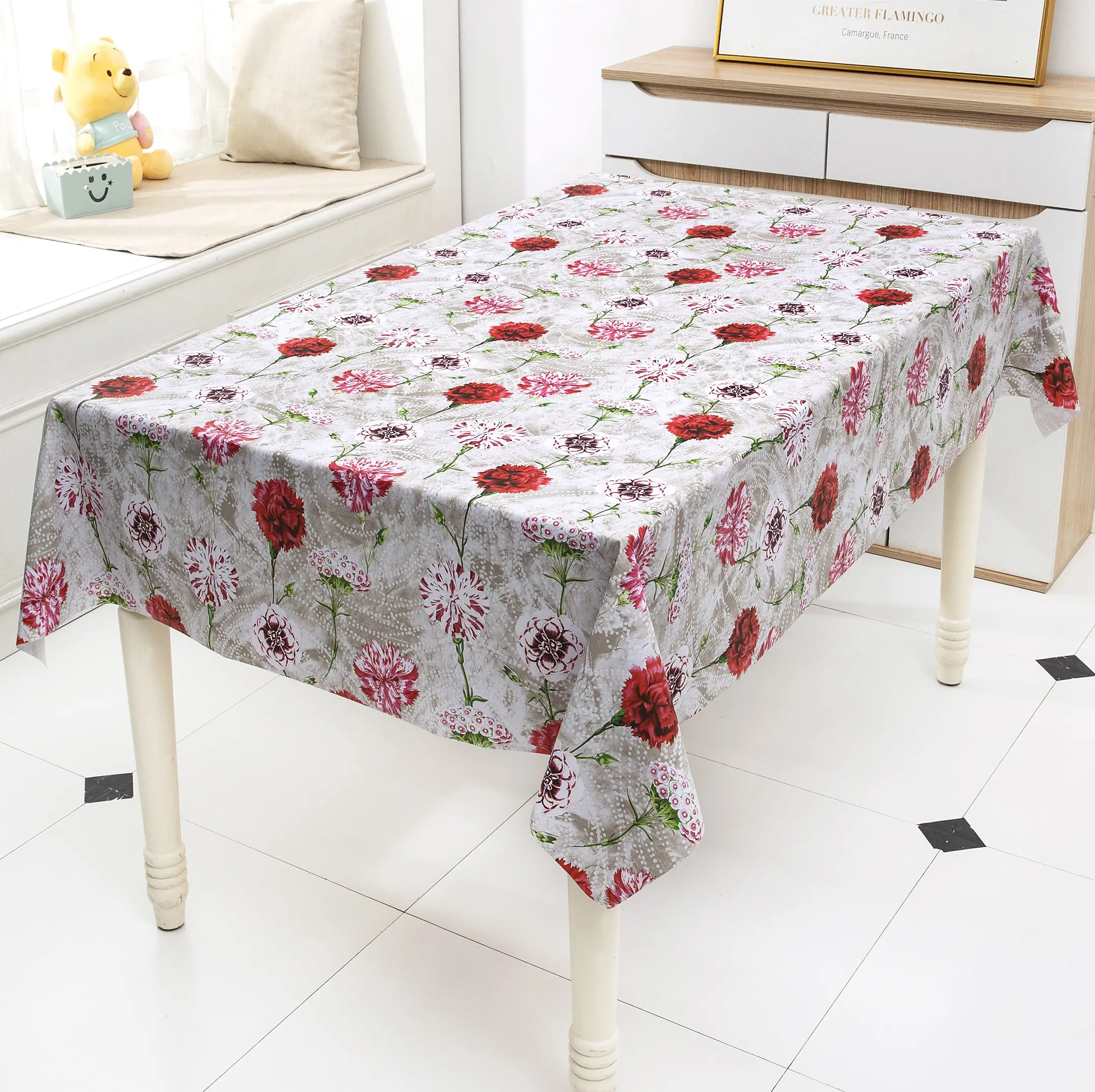 Estampado de flores en relieve con respaldo de tela de poliéster, mantel de mesa de pvc