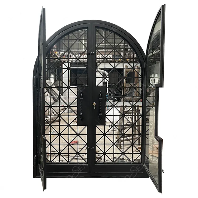 Puerta de hierro protectora Exterior Vintage de estilo británico, diseños de vidrio, puertas de hierro forjado para el hogar