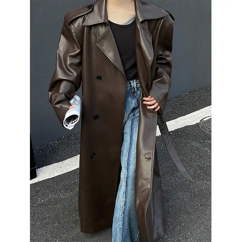 Brand berühmte Mode Kunstleder Trenchcoat klassische übergroße Damen schwarz lange Pu Leder Mäntel Wind jacke