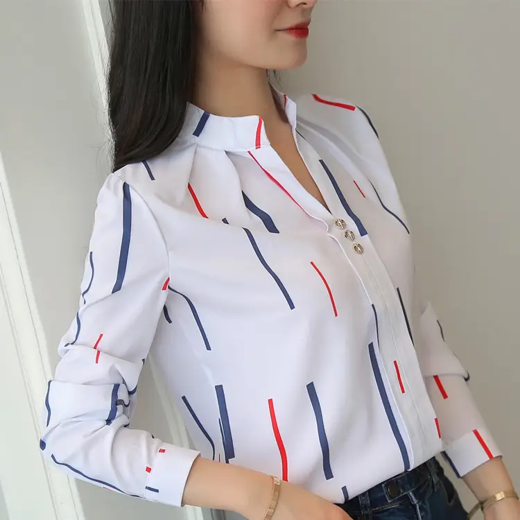 Women Tops and Blouses 2022 Stripe Print Elegant Long Sleeve Office Lady Work Wear Shirts Female Slim Blusas